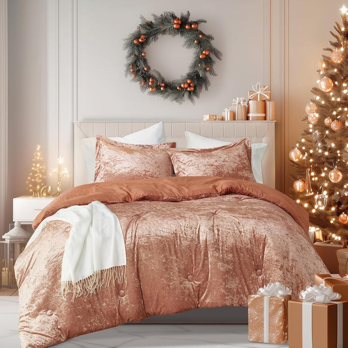 Comfort Spaces Juliette Luxe Comforter Set Velvet Lush with Soft Brushed Microfiber Reverse, All Season Cozy Velvet Bedding Sets, Fluffy Comforter Bed Set, Matching Sham, Blush Full/Queen 3 Piece
