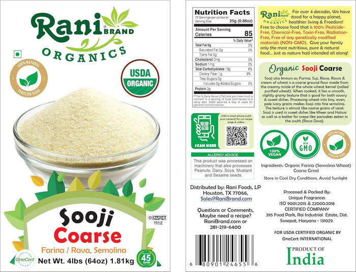 Rani Sooji Fine (Farina, Suji, Rava, Wheat) Flour 32oz (2lbs) 908g ~ All Natural | Vegan | NON-GMO | Kosher | Indian Origin