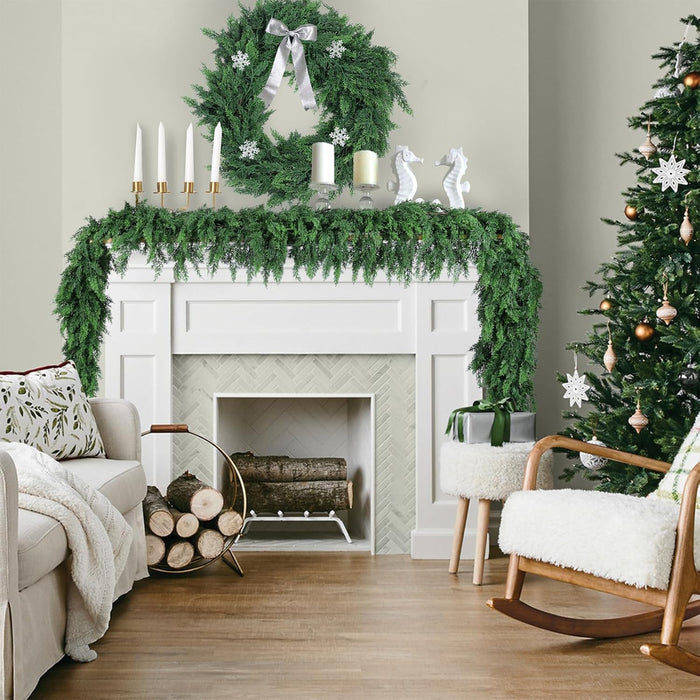 9 Ft Artificial Cedar Garlands, Faux Cypress Garland, Realistic Christmas Real Touch Greenery Pine Garland for Table, Mantle, Wall, Indoor, Outdoor Christmas Decorations (1, 9 FT)