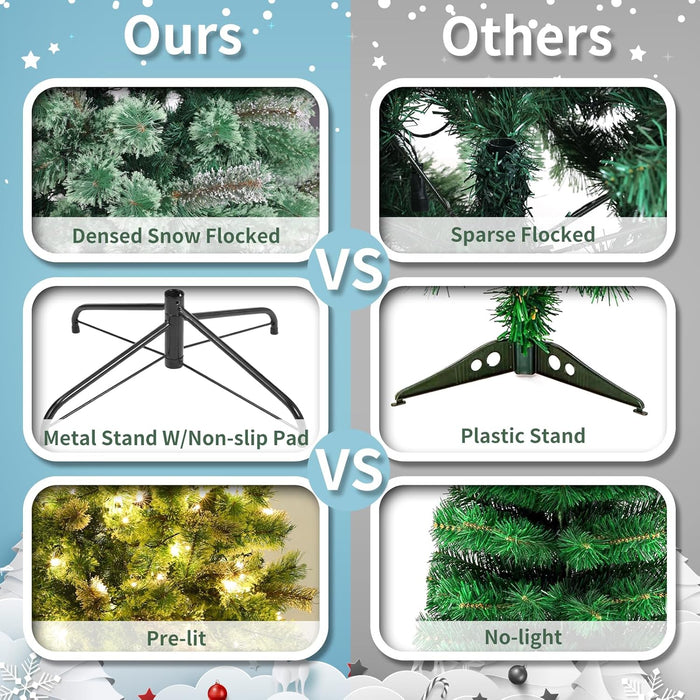 Arlopu 9ft Pre-lit Artificial Cashmere Christmas Tree, Snow Flocked Prelighted Pine Needle Xmas Tree, W/Warm White Lights, Tips, Foldable Metal Base for Home Store Party Holiday Decoration