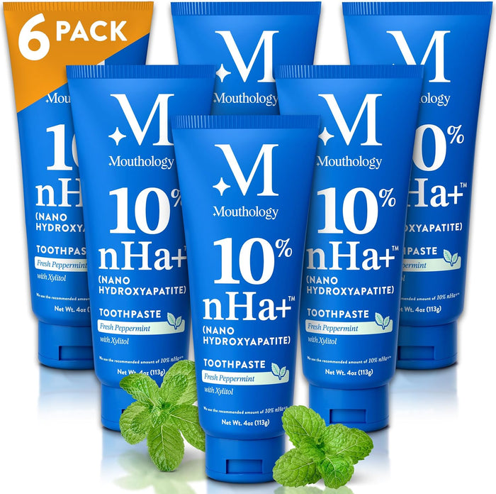 Mouthology 10% Nano Hydroxyapatite Toothpaste (Fluoride Free), Whitening*, Supports Enamel Care*, Appropriate for Sensitive Teeth*, SLS Free, Xylitol nHA Toothpaste for Adults, Mint 4oz (USA Made)