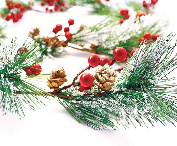 Christmas Garland Winter Red Berries Holiday Decoration Pine Cones, Evergreen Pine Needle – Unlit Berry Garlands Xmas Decor, Kitchen, Bar, Fireplace/Indoor/Outdoor Greenery with Snow 6 Ft Long (6ft)