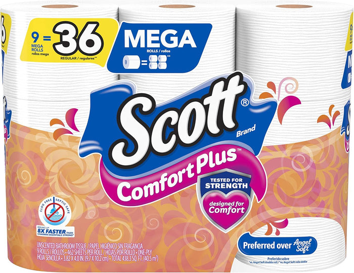 Scott ComfortPlus Toilet Paper, 12 Double Rolls, 231 Sheets per Roll, Septic-Safe, 1-Ply Toilet Tissue