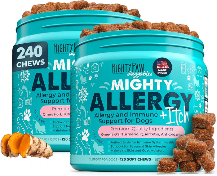 Mighty Paw Waggables Allergy Immune + Itch (Made in The USA) -Dog Chews Anti-Itch for Dogs. Allergy Support Vitamins for Skin and Coat Allergies. Omega 3 & Quercetin for Pets 120 Ct