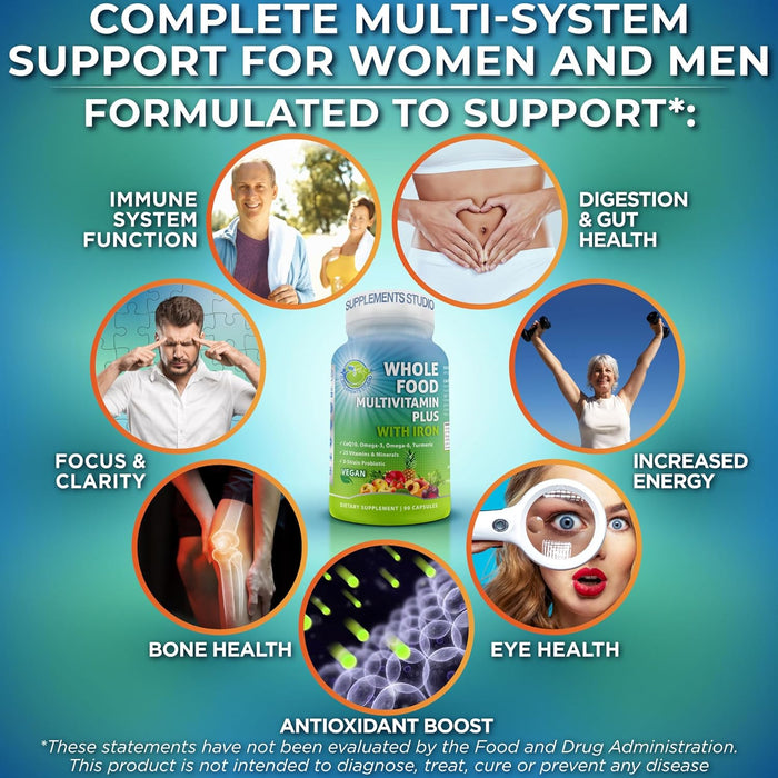 Vegan Whole Food Daily Multivitamin with Iron, Methylated Multivitamin for Women and Men, Made with Fruits & Vegetables, B-Complex, Probiotics, Enzymes, CoQ10, Omegas, Turmeric, Non-GMO, 90 Count