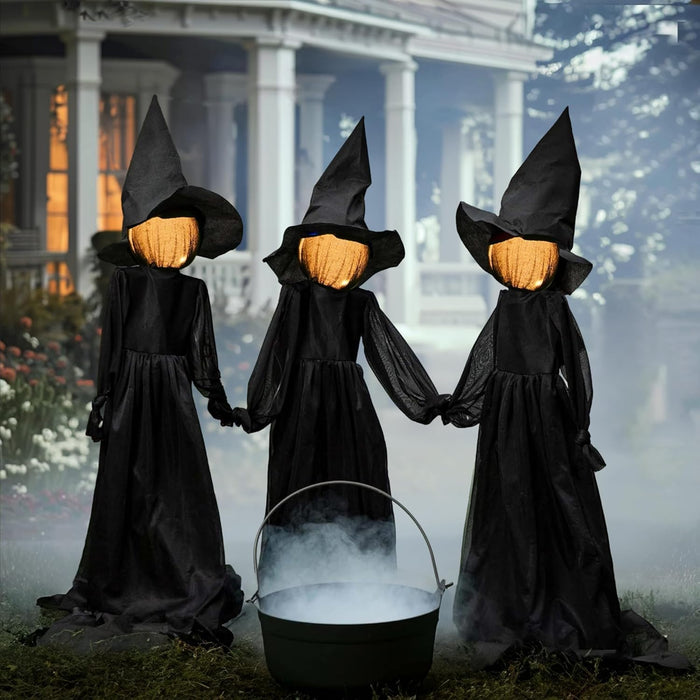 NEROSUN Halloween Decorations, 4 FT Set of 3 Light Up Witches Holding Hands Witches with Stakes, Witch Decorations with Glowing Face for Yard Garden Outdoor Lawn Porch Haunted House Decor