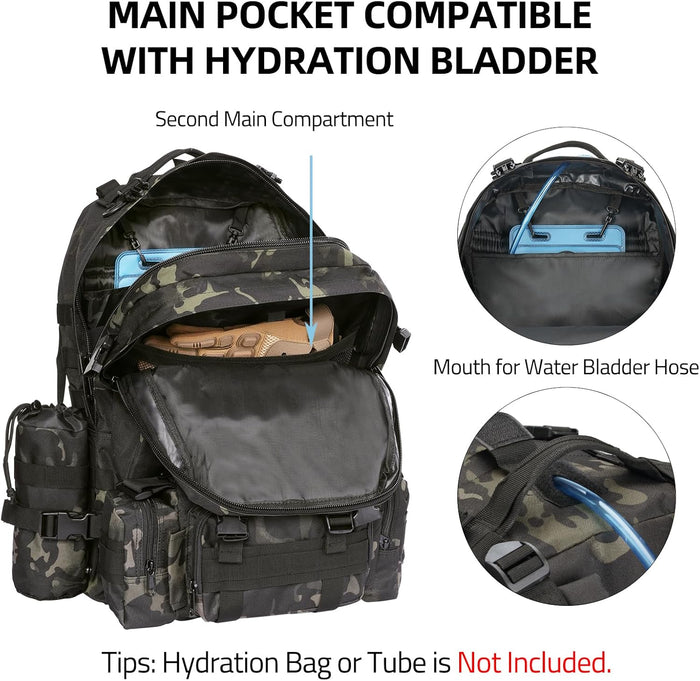Military Tactical Backpack for Men, 60L Large Army Assault Pack, 3 Day Bug Out Bag with Removable Water Pouch for Outdoor Hiking Camping Hunting Detachable Rucksack Molle Bag, Black Camo
