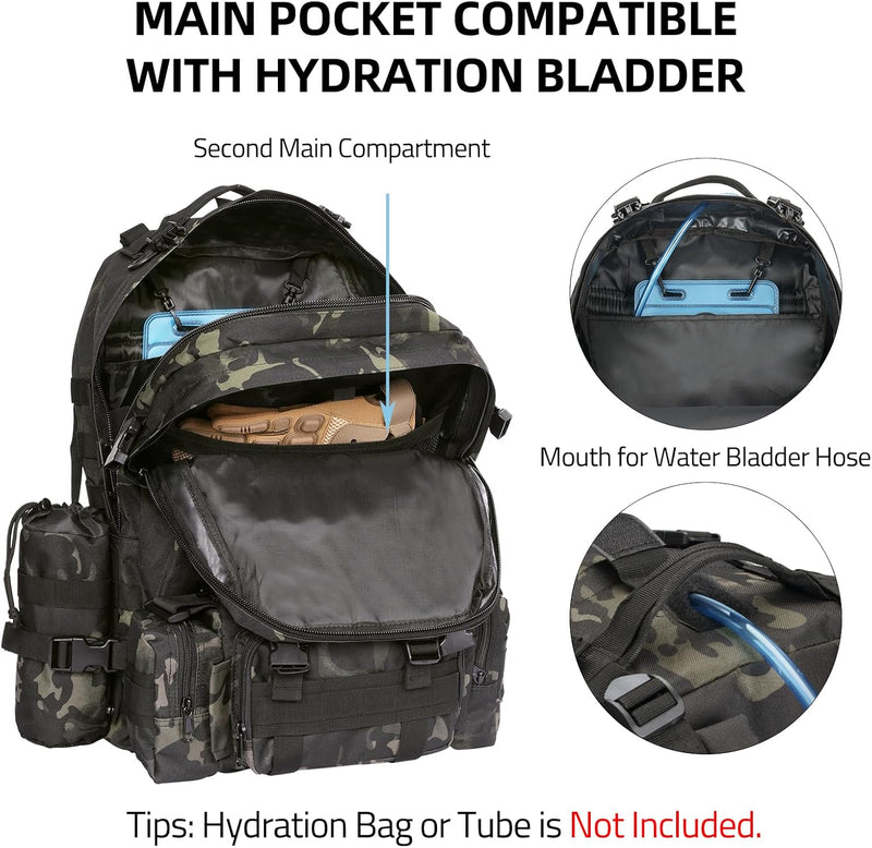 Military Tactical Backpack for Men, 60L Large Army Assault Pack, 3 Day Bug Out Bag with Removable Water Pouch for Outdoor Hiking Camping Hunting Detachable Rucksack Molle Bag, Black Camo