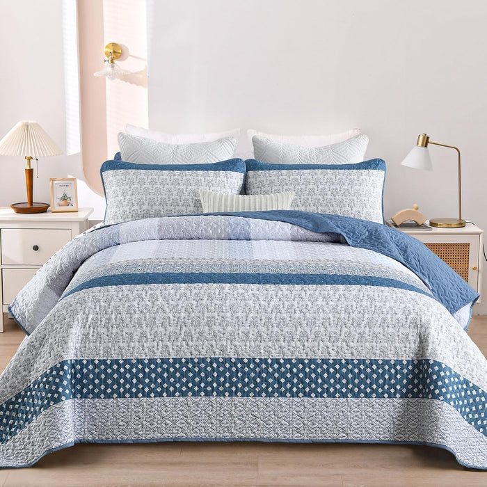 WONGS BEDDING Grey Quilt Queen Size, Bohemian Stripe Quilt Sets 3 Pieces Gray Boho Quilted Bedspread Set Lightweight Microfiber Coverlet Bedding Set All Season (96"x90")