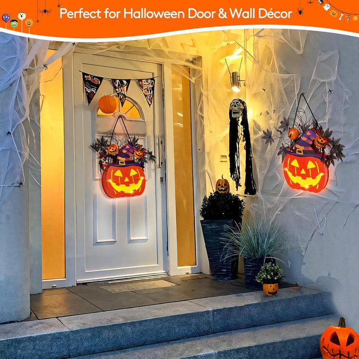 BlcTec Halloween Pumpkin Lights, 10 inch Lighted Big Halloween Wooden Pumpkin with Maple Leaves, Berries, Twigs, Witch's Hat, Battery Operated Lights with Timer for Halloween Decorations, Style A