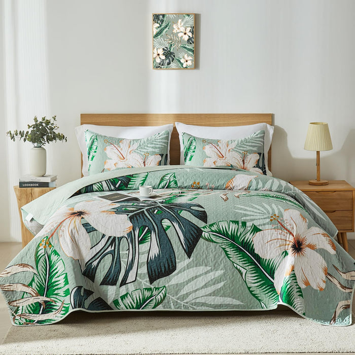 Yogeneg Queen Quilt Bedding Set,Green Pink Botanical Pattern Sky Blue Full/Queen Quilt Set,3 Piece Lightweight Soft Summer Bedspread Coverlet with 2 PIillow Shams,All Season(Sky Blue,90"x96")
