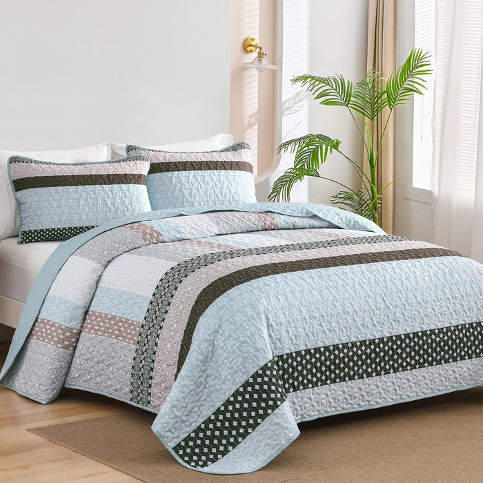 WONGS BEDDING Grey Quilt Queen Size, Bohemian Stripe Quilt Sets 3 Pieces Gray Boho Quilted Bedspread Set Lightweight Microfiber Coverlet Bedding Set All Season (96"x90")