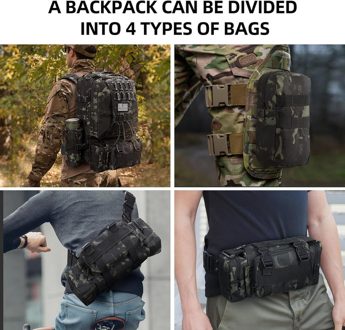 Military Tactical Backpack for Men, 60L Large Army Assault Pack, 3 Day Bug Out Bag with Removable Water Pouch for Outdoor Hiking Camping Hunting Detachable Rucksack Molle Bag, Black Camo