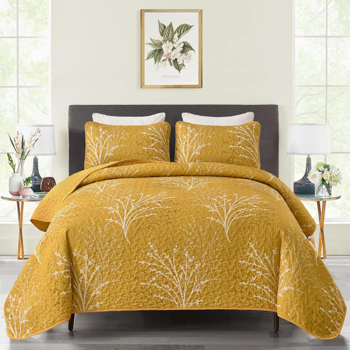 DJY Sage Green Quilt Set Full Size, Branch Botanical Pattern Bedspread Coverlet Set, 3 Piece Microfiber Green Floral Quilt Bedding Set Lightweight Summer Bedspread for All Season, 80''x90''