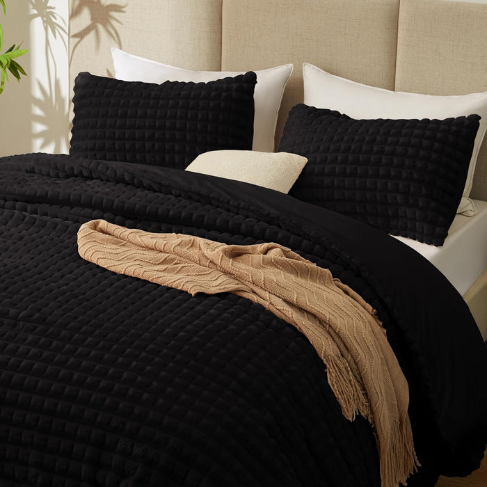 EXQ Home Fluffy Comforter Set Queen Size - Super Soft Faux Fur Stripe Jacquard Comforter 3 Pieces, Black Fleece Bedding Set,Winter Warm Bed Set,1 Comforter with 2 Pillowcases