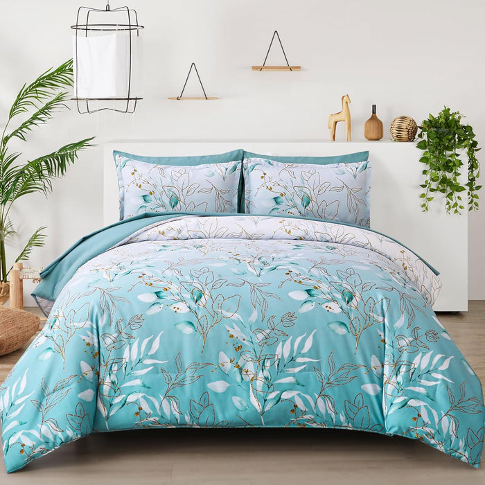 WONGS BEDDING Botanical Comforter Set Queen, 7 Pieces Green Reversible Bed in a Bag Floral Leaves Bedding Soft Microfiber Queen (1 Comforter,2 Pillowcase,2 Pillow Shams,1 Flat Sheet,1 Fitted Sheet)