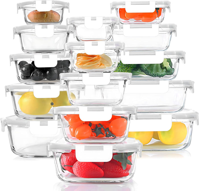 KOMUEE 30 Pieces Glass Food Storage Containers Set, Glass Meal Prep Containers Set with Snap Locking Lids, Airtight lunch Containers for Microwave, Oven, Freezer & Dishwasher,Gray