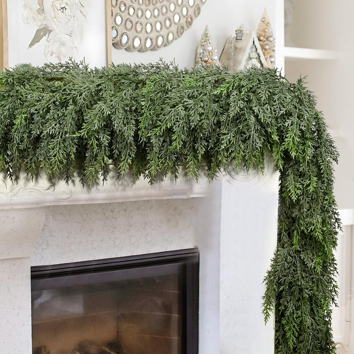9FT Thick Christmas Garland with 240 Cedar Branches, Real Touch Green Cedar Garland for Christmas Decorations, Artificial Greenery Garland for Table, Mantle, Wall, Indoor, Outdoor Holiday Decor