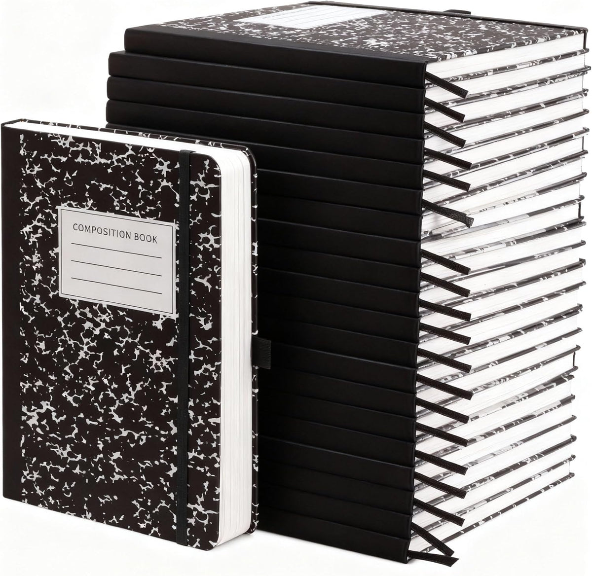 Laumoi 28 Pack PU Leather Lined Notebook Journal Bulk A5 Hardcover Notebook College Ruled 5.5 x 8.2 Inch Journal with Pen Holder for School Business Work Writing(Black,Simple)