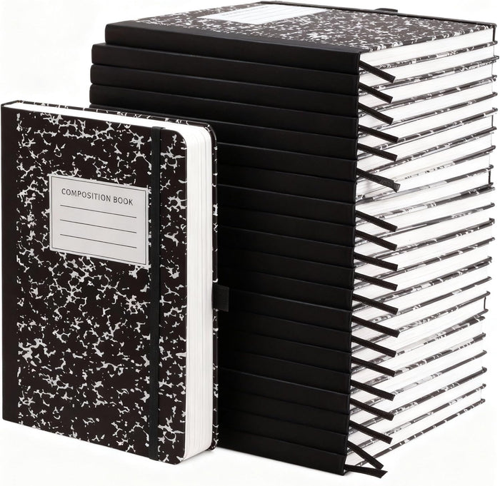 Laumoi 28 Pack PU Leather Lined Notebook Journal Bulk A5 Hardcover Notebook College Ruled 5.5 x 8.2 Inch Journal with Pen Holder for School Business Work Writing(Black,Simple)