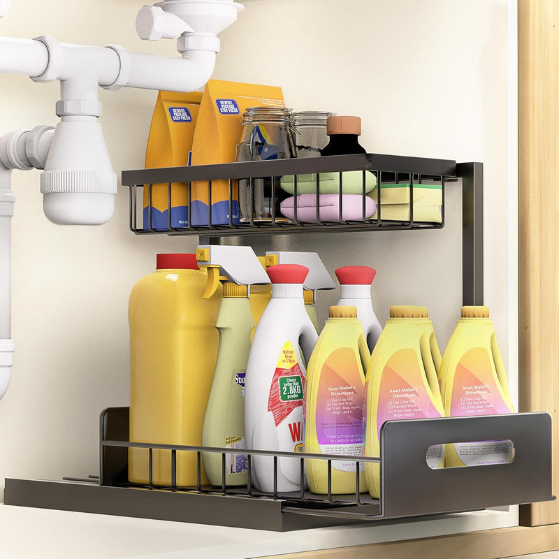 VUSIGN Under Sink Organizer, 2 Tier Pull Out Bathroom Cabinet Organizer, Under Kitchen Sink Organizers and Storage, Under Sink Shelf,2 Pack, White