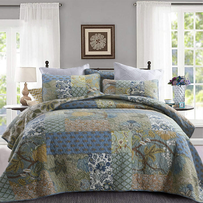 Yvooxny Quilt Set King Size Reversible Country Farmhouse Floral Real Patchwork Quilted Bedspread 3-Piece Quilt Set with Pillowcases with Ruffles for All Seasons, 96 x 108 Inches
