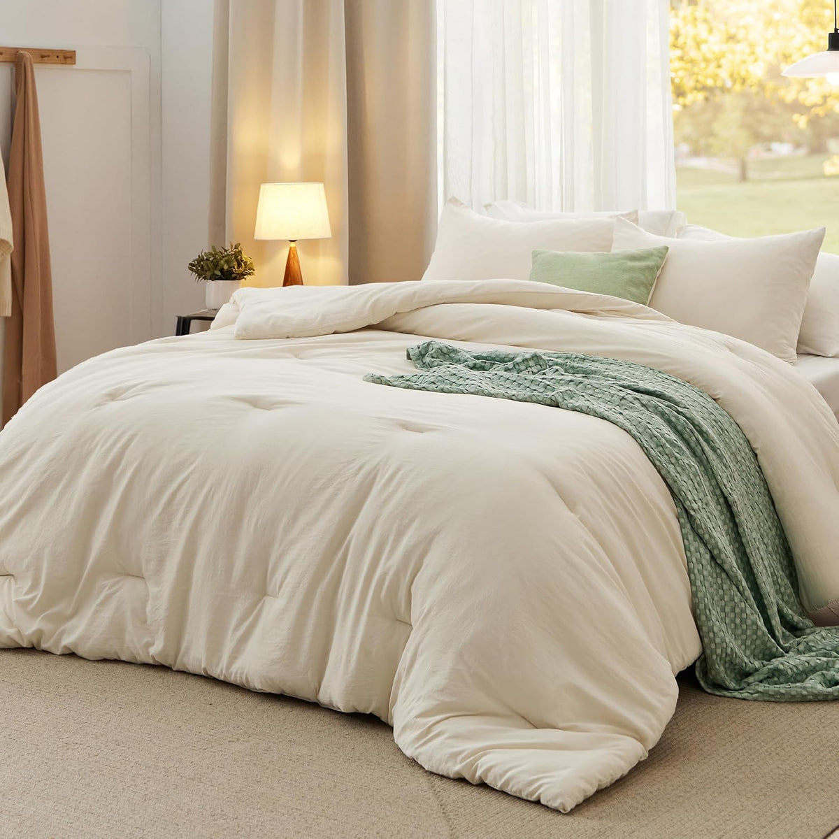 Bedsure Full Size Comforter Set, Beige Soft Prewashed Bedding for All Seasons, 3 Pieces GentleSoft™ Warm Down Alternative Bed Set, 1 Lightweight Comforter (82"x86") and 2 Pillowcases (20"x26")