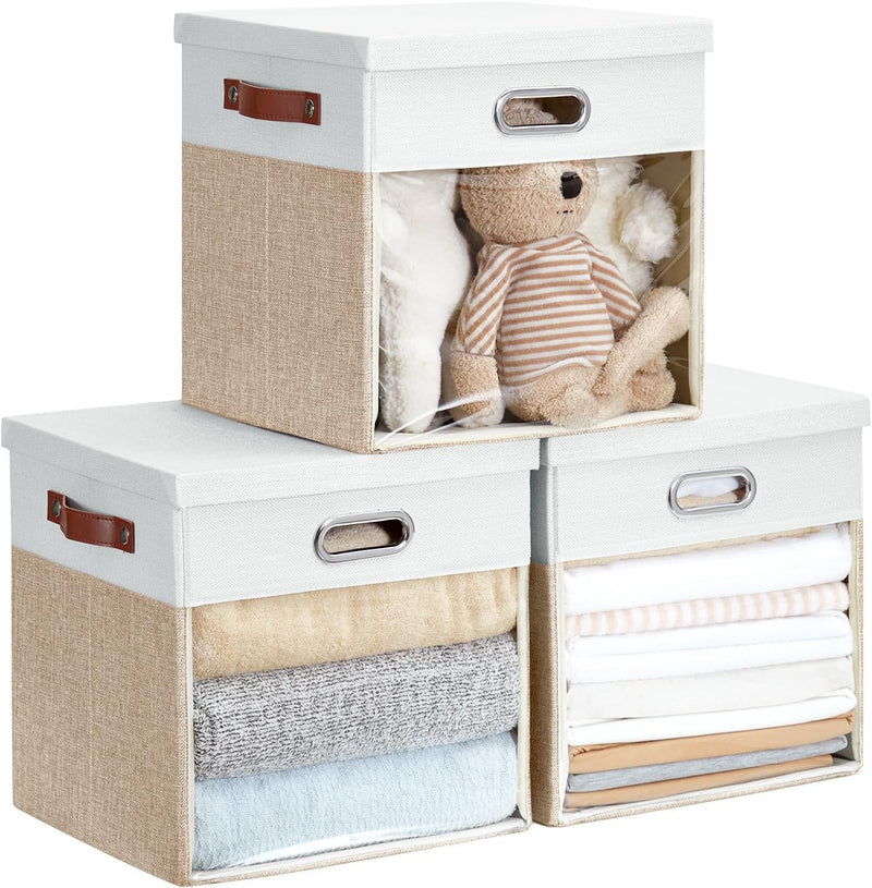 Fabric Storage Cubes with Clear Windows and Lids, 11'' Foldable Storage Bins with 3 Handles, Decorative Storage Boxes for Home, Bedroom, Closet, Office (Gray & White)