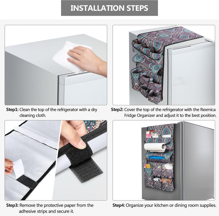 Mini Fridge Organizer, Dust Cover with 14 Pockets for Most Household Refrigerators, Hanging Mini Fridge Caddy Organizer Storage Bag for Dorm, Office, Kitchen, Home, School, Flowers