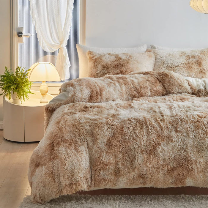 Wajade Faux Fur Plush Galaxy Blue Comforter Set Fluffy Fuzzy Shaggy Bedding Set - 3PC Full Size Microfiber Soft Warm Quilt Set
