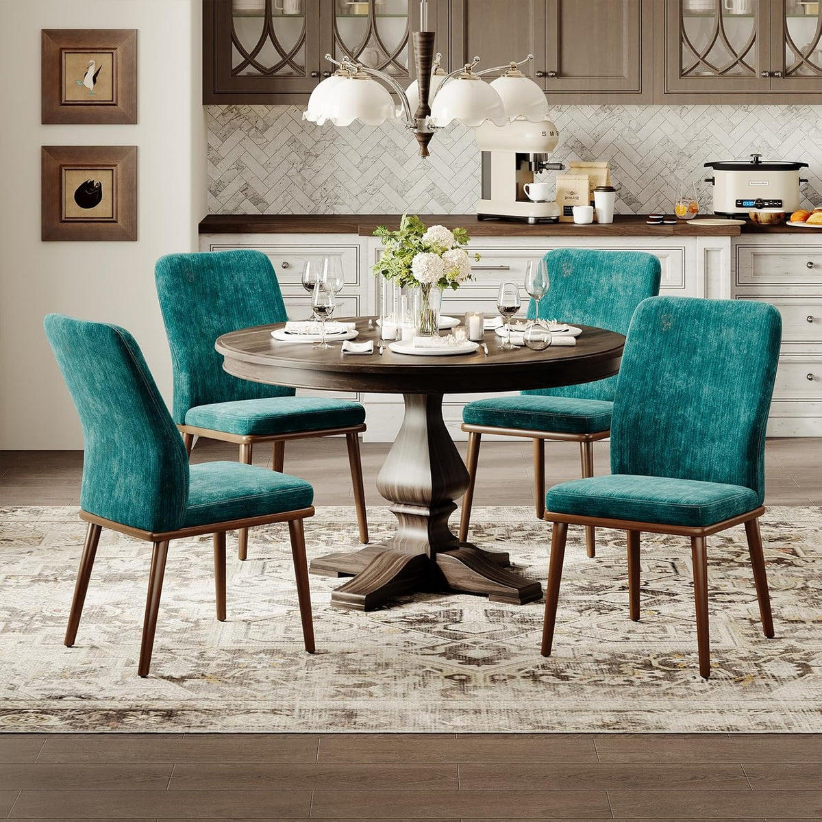 Modern Dining Chairs Set of 4, Upholstered Kitchen Chairs with High Back, Padded Fabric Dining Room Chair with Solid Wood Legs for Restaurant/Cafe/Home, Beige