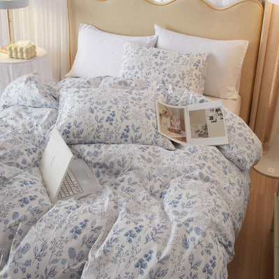 HighBuy Blue Floral Comforter Set Queen White Coquette Bedding Comforter Sets Queen Boho 3 Piece for Women Girl Cottagecore Blue Flower Comforter Set with 2 Pillowcases,Boho Bed Comforter Sets