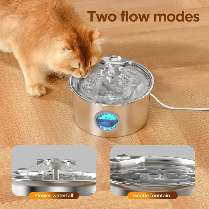 Stainless Steel Cat Water Fountain: 88oz/2.6L Ultra Quiet Pet Fountain with Flower Kitty Spout & LED Blue Light Water Dispenser with Water Level Window for Cats/Dogs Indoor (Silver) - IHOUONE
