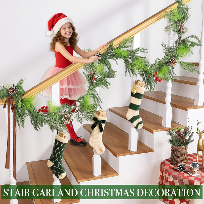 6 Ft Pre-lit Christmas Garland with Lights Timer, Real Touch Norfolk Pine Garland Green Cedar Garlands Pine Needle Cypress Leaves Pinecone Red Berries Lighted Garland for Fireplace Table Xmas Decor