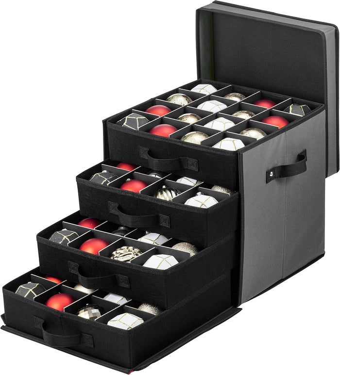ZOBER Christmas Ornament Storage Box - Stores 128 3" Ornaments with Drawer Style Trays - Tear Proof 600D Oxford Fabric - Ornament Organizer Storage Box, Durable Christmas Containers Holder - Red