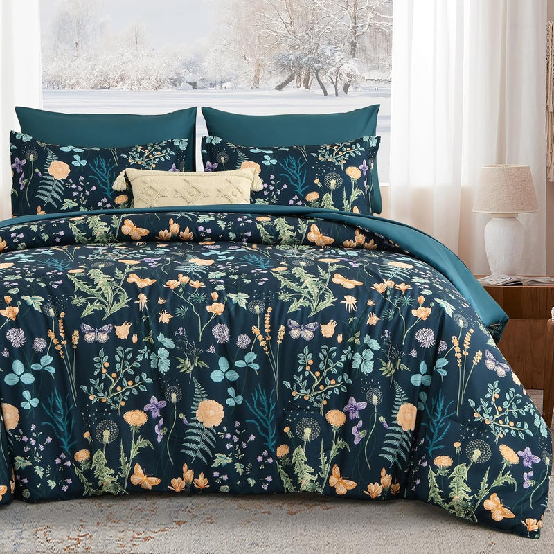 Yiran King Size Comforter Set 7 Piece, Dark Green Floral Bedding Set, Bed in a Bag King with Botanical Flowers Pattern, Soft Microfiber Complete Bedding Set with Sheets for All Season