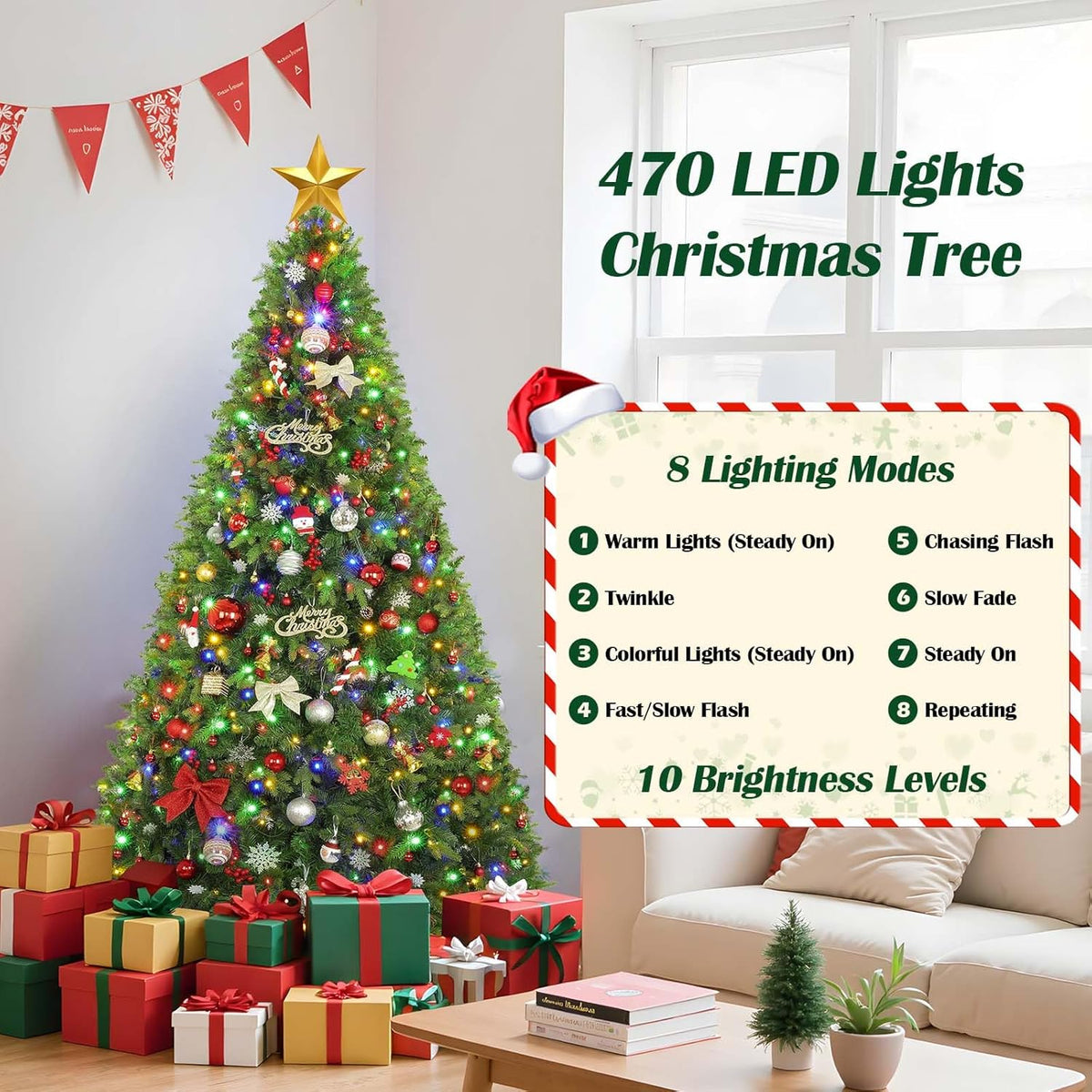 GGOYING 9FT Pre-Lit Flocked Christmas Tree with Rotating Stand & Remote, Green Dense Branches, Realistic Holiday Decorations, LED Lights (RGB + Warm White)