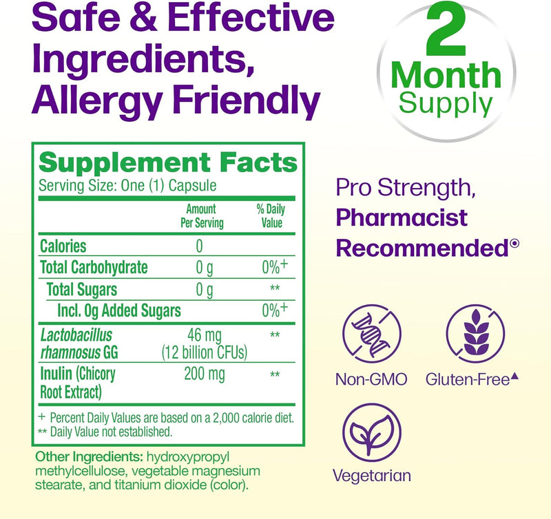 Culturelle Pro Strength Daily Probiotics For Digestive Health (2 Month Supply) with Prebiotics for Women & Men, Supports Occasional Diarrhea, Gas & Bloating, Gluten & Soy Free, 60 Count