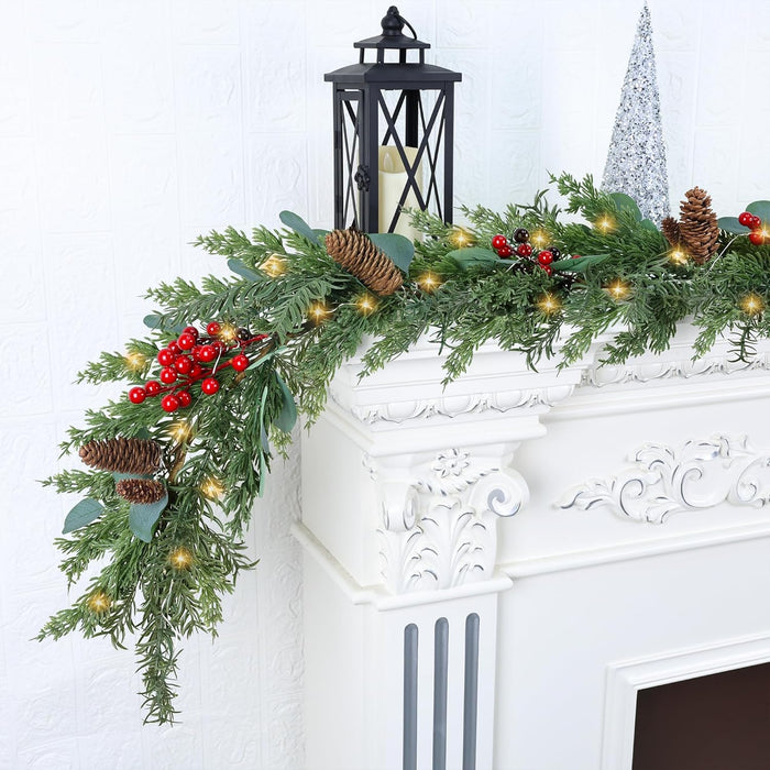 6ft Christmas Garland with Lights Artificial Cedar Cypress Garland with Pine Cones Garland for Home Fireplace Wall Indoor Outdoor Holiday Party Decoration