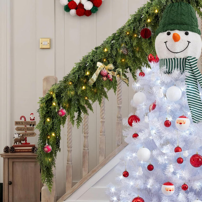 2PCS 9FT Pre-lit Christmas Cedar Garland with 100 Lights, Full 240 Pine Branches, Realistic Faux Garland Artificial Greenery for Fireplace Table Mantle Wall Indoor Outdoor Winter Holiday Decorations