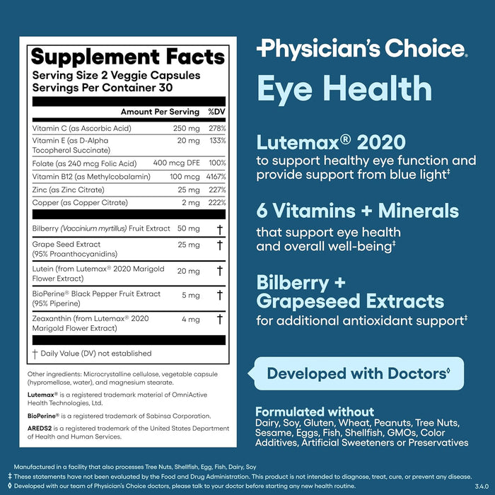 Areds 2 Eye Vitamins - Lutein, Zeaxanthin & Bilberry Extract - Supports Eye Strain, Dry Eyes, and Vision Health - 2 Award-Winning Clinically Proven Eye Vitamin Ingredients - Carotenoid Blend