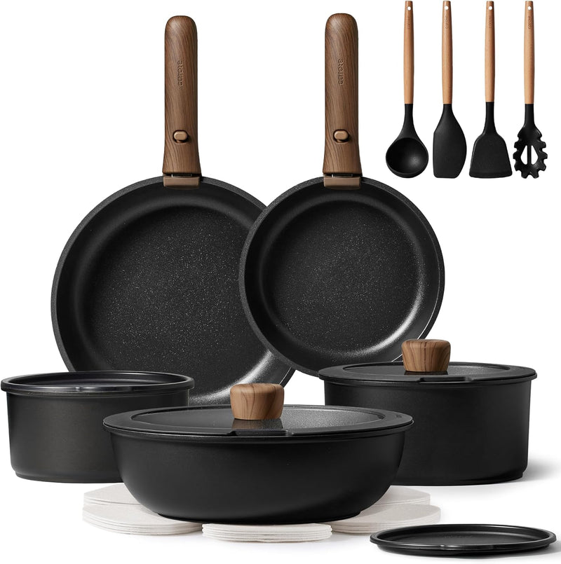 CAROTE 19pcs Pots and Pans Non Stick, Cookware Sets Detachable Handle, Induction Kitchen Pots and Pans,NonStick Cooking Set, Oven/Dishwasher/Fridge Safe, Space Saving