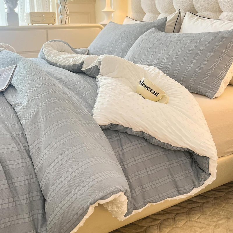 Boho Comforter Set Full Size Striped Pleats Bohemian Seersucker Bedding Set All Season Soft Cozy 3 Pieces Quilt with 2 Pillowcases(80"X90" Light Blue)