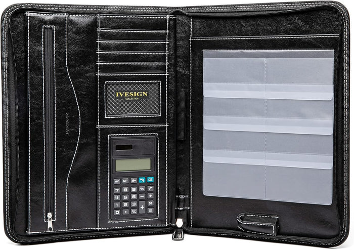 IVESIGN Faux Leather Portfolio Padfolio Organizer with Calculator, Writing Pad, Zipper Closure, Tablet Sleeve, Clipboard with Storage, Document Organizer, Business Card Holder, Note Pads-Black