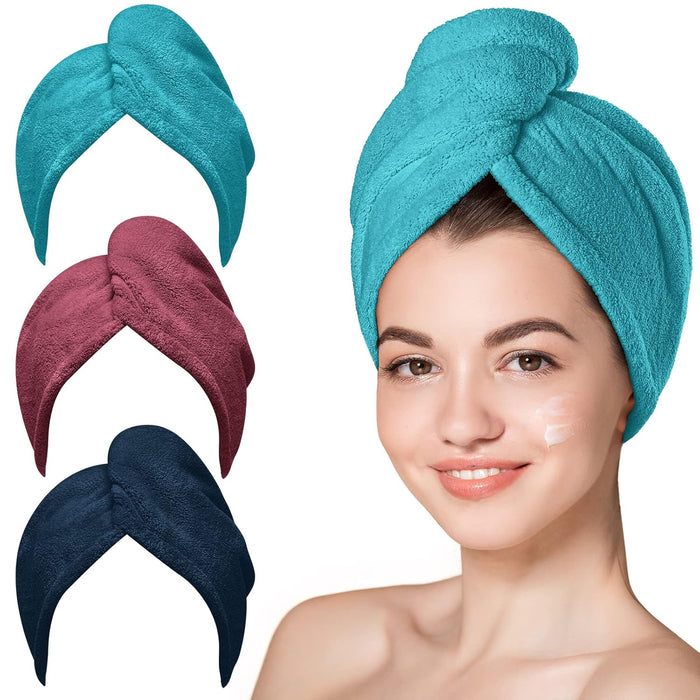 Hicober Microfiber Hair Towel Wrap, Fast Drying Hair Towels for Women, Soft Lightweight Quick Dry Turban for Curly & Long Hair–3 Pack(Blue/Grey/Pink)