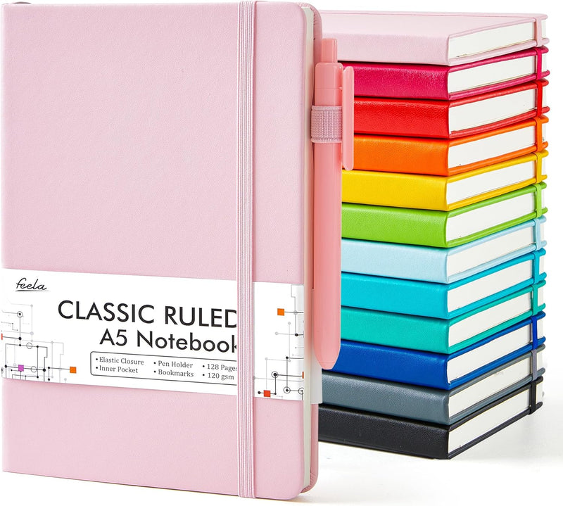 12 Pack Notebooks Journals Bulk with 12 Black Pens, Feela A5 Hardcover Notebook Classic Ruled Journal Set with Pen Holder for School Business Work Travel Writing, 120 GSM, 5.1”x8.3”, Navy