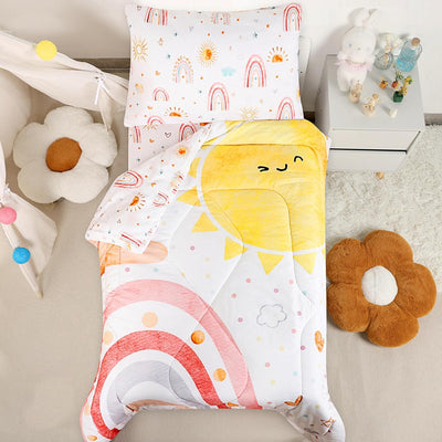 Toddler Bedding Set for Girls, 4 Piece Rainbow Toddler Girl Bedding Set, Super Soft & Lightweight Toddler Comforter Set Includes Comforter, Flat Sheet, Fitted Sheet, Pillowcase (Pink)