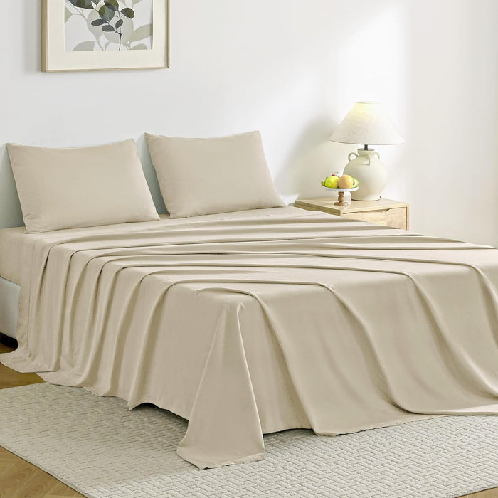 JELLYMONI Sheet Set King Size 4pcs Cotton Cream White Easy-Fit 16 Inch Deep Pocket 100% Washed Cotton Soft Breathable (1 Fitted Sheet, 1 Flat Sheet, 2 Pillowcases)