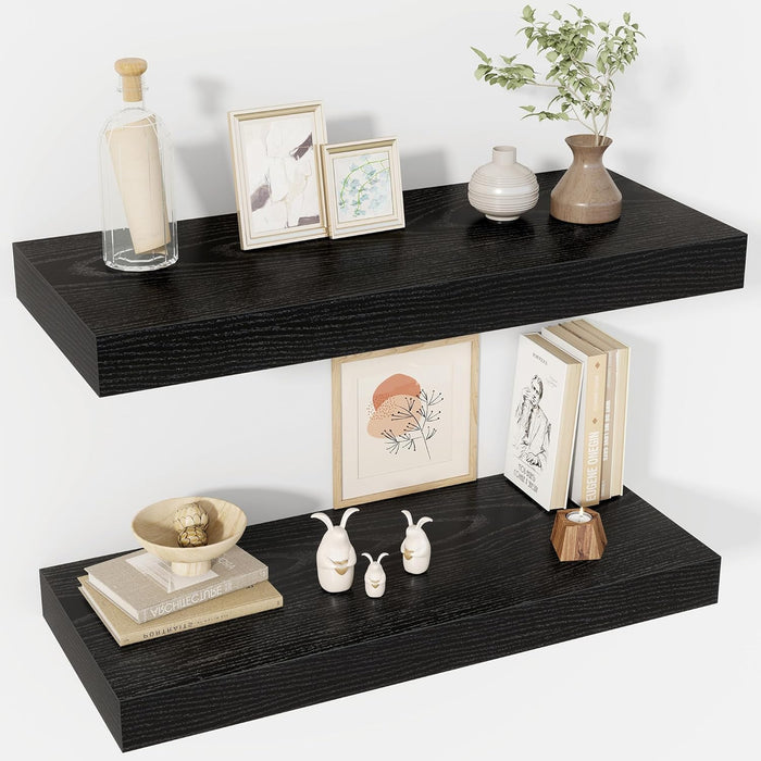 16 Inch Floating Shelves, 8 Inch Deep Floating Shelves for Wall, Hanging Shelf with Invisible Brackets, Deep Shelves for Bathroom, Bedroom, Living Room, Walnut, Set of 2