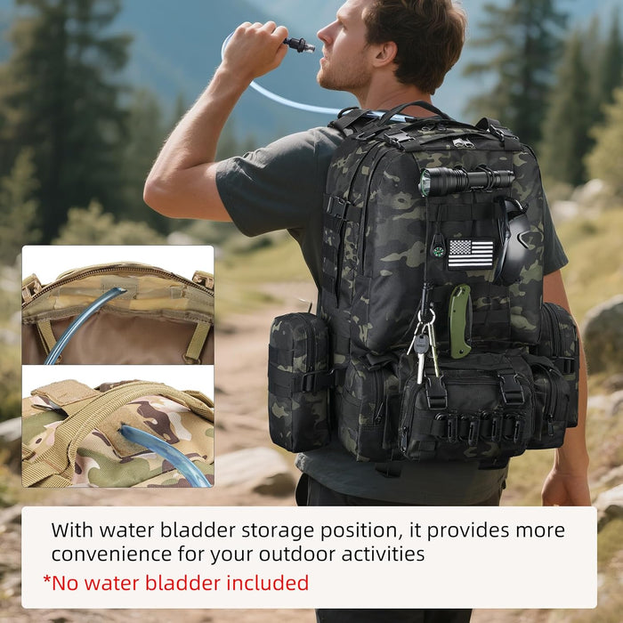 60L Tactical Military Backpack Large Capacity Army Rucksack with Detachable Molle Pouches for Men and Women (Black Camo, Large)